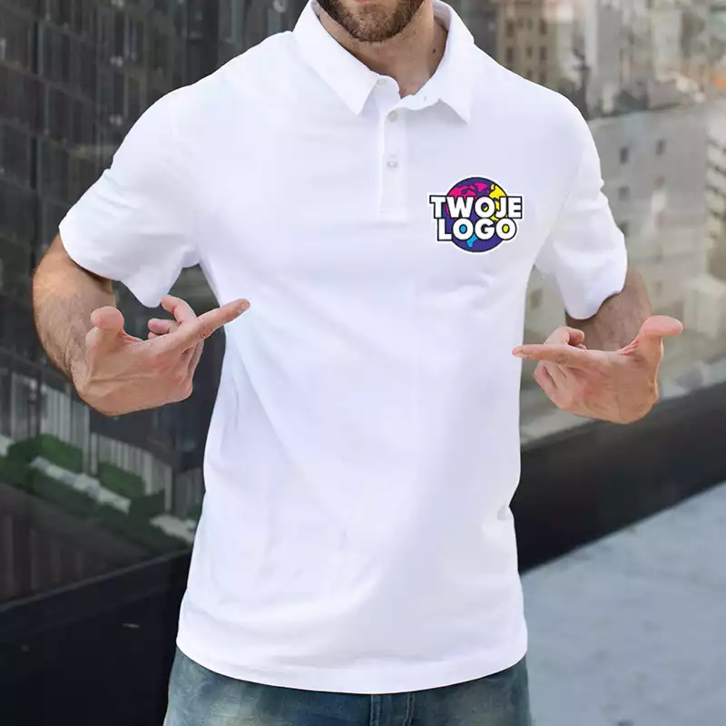 biała polówka z logo nadrukiem firmowym męska bawełna biała polówka z logo nadrukiem firmowym męska bawełna