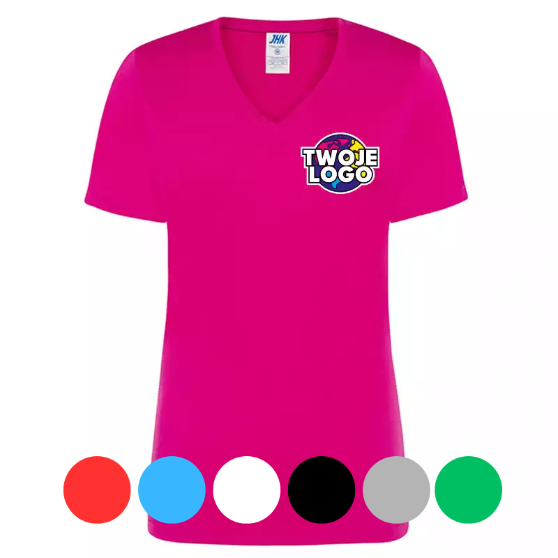 JHK 145g/m² Damska koszulka dekold V + Nadruk na piersi różne kolory